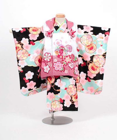 七五三(三歳) | 黒地に梅と鼓 白×赤絞り調被布に桜と鞠