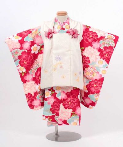 七五三(三歳) | 赤地に牡丹と鈴 小花の白被布
