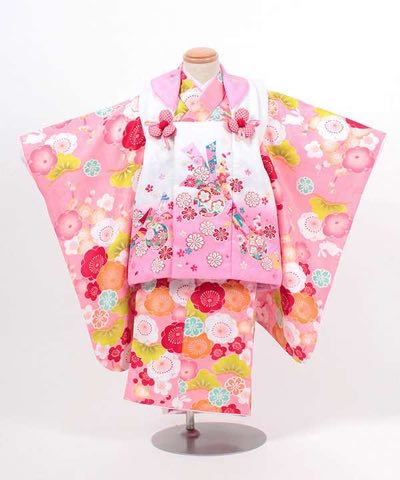 七五三(三歳) | ピンク地に梅と松 白×ピンク被布