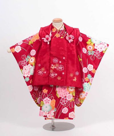 七五三(三歳) | 赤地に花々と水引 小花の赤被布
