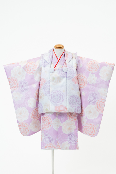 七五三(三歳) | 紫地に華やかなで上品なカメリア×総柄の被布
