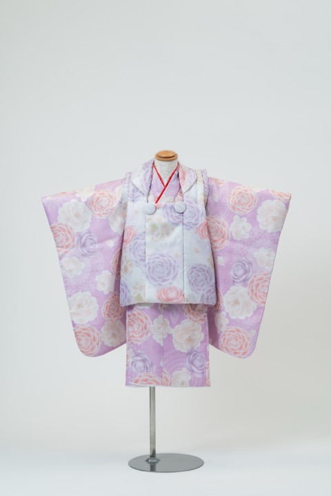 七五三(三歳) | 紫地に華やかなで上品なカメリア×総柄の被布