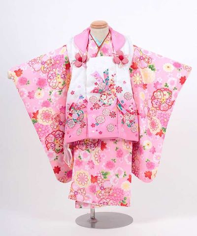 七五三(三歳) | ピンク地に豪華桜と菊の花 白×ピンク被布