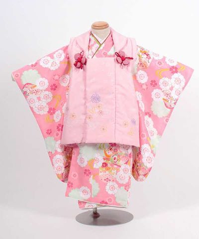 七五三(三歳) | ピンク地に八重桜と貝合せと貝桶 小花の薄ピンク被布