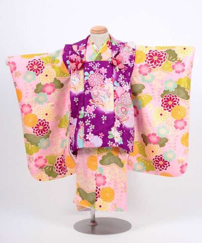 七五三(三歳) | 薄ピンク地に桜と八重菊と松文 紫被布に鞠と菊