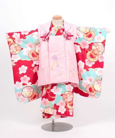 七五三(三歳) | 赤地に梅と鼓 薄ピンク被布