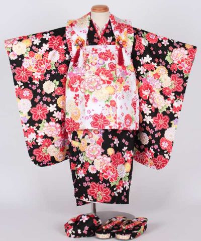 七五三(三歳) | 黒地に桜と菊と暈し 白被布