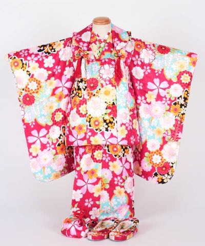 七五三(三歳) | 赤紫地に桜と菊 セット被布
