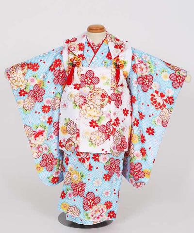 七五三(三歳) | 水色地の総絞り調に花々 豪華白被布