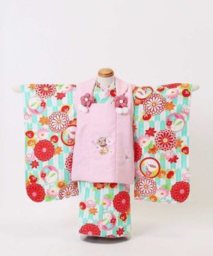 七五三(三歳) | 【小町kids】矢絣うさぎ グリーン×ピンク