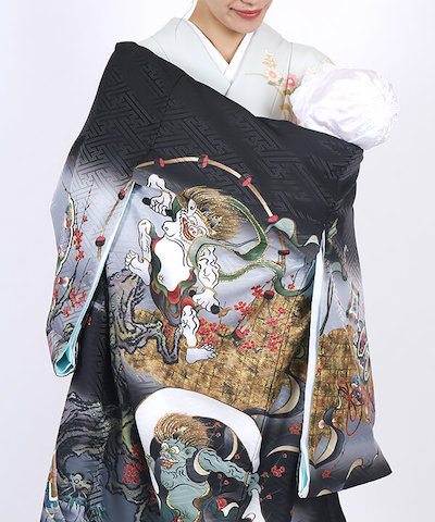 産着(お宮参り)|黒地 風神雷神に梅の花