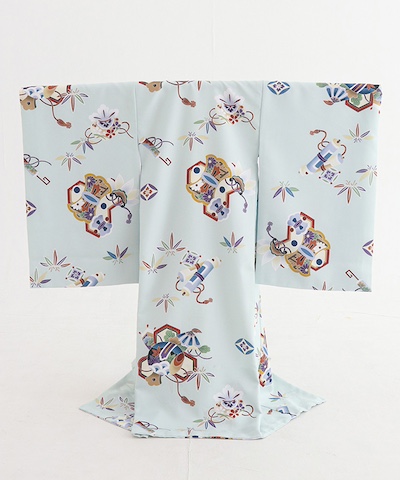 産着(お宮参り)| 水色地に菱柄に小槌と宝巻