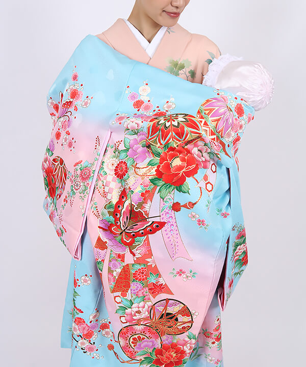 産着(お宮参り)|ピンク水色地 鞠と束ね熨斗