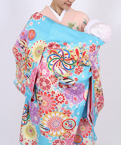 産着(お宮参り)|水色地 花紋と宝尽くし