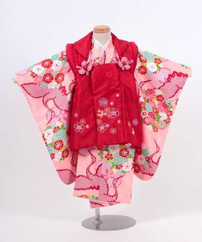 七五三(三歳) | 薄黄色地に菊と椿 小花の赤被布