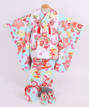 七五三(三歳)｜水色地に鞠と古典柄