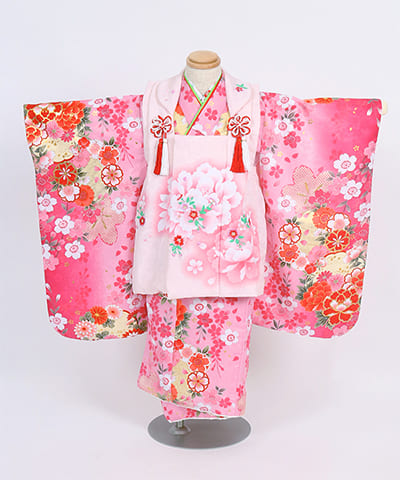 七五三(三歳) | 赤地にピンクのグラデーションに鞠と八重桜