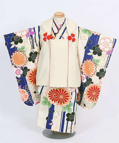 七五三(三歳) | クリーム地に青のストライプ 菊と桜