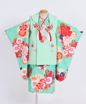 七五三(三歳)｜ミントグリーン地に華やか花文様