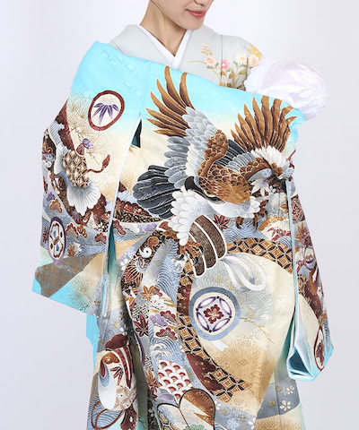 産着(お宮参り) | 水色地に鷹と兜