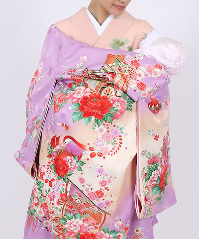 産着(お宮参り) | 淡紫とクリームに牡丹と鼓の華やぎ