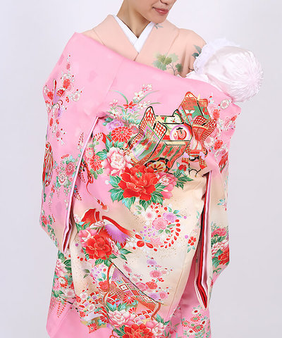 産着(お宮参り) | 優しいピンクに御所車と花々の彩り