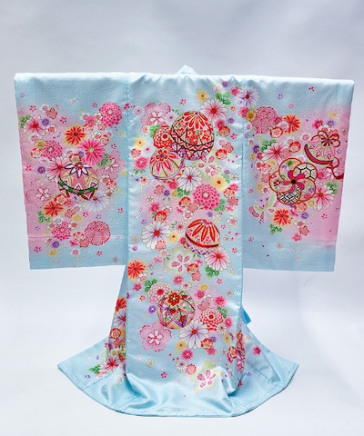 産着(お宮参り) | 水色に花々と鞠