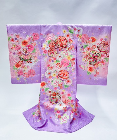 産着(お宮参り) | 紫地に花々と鞠