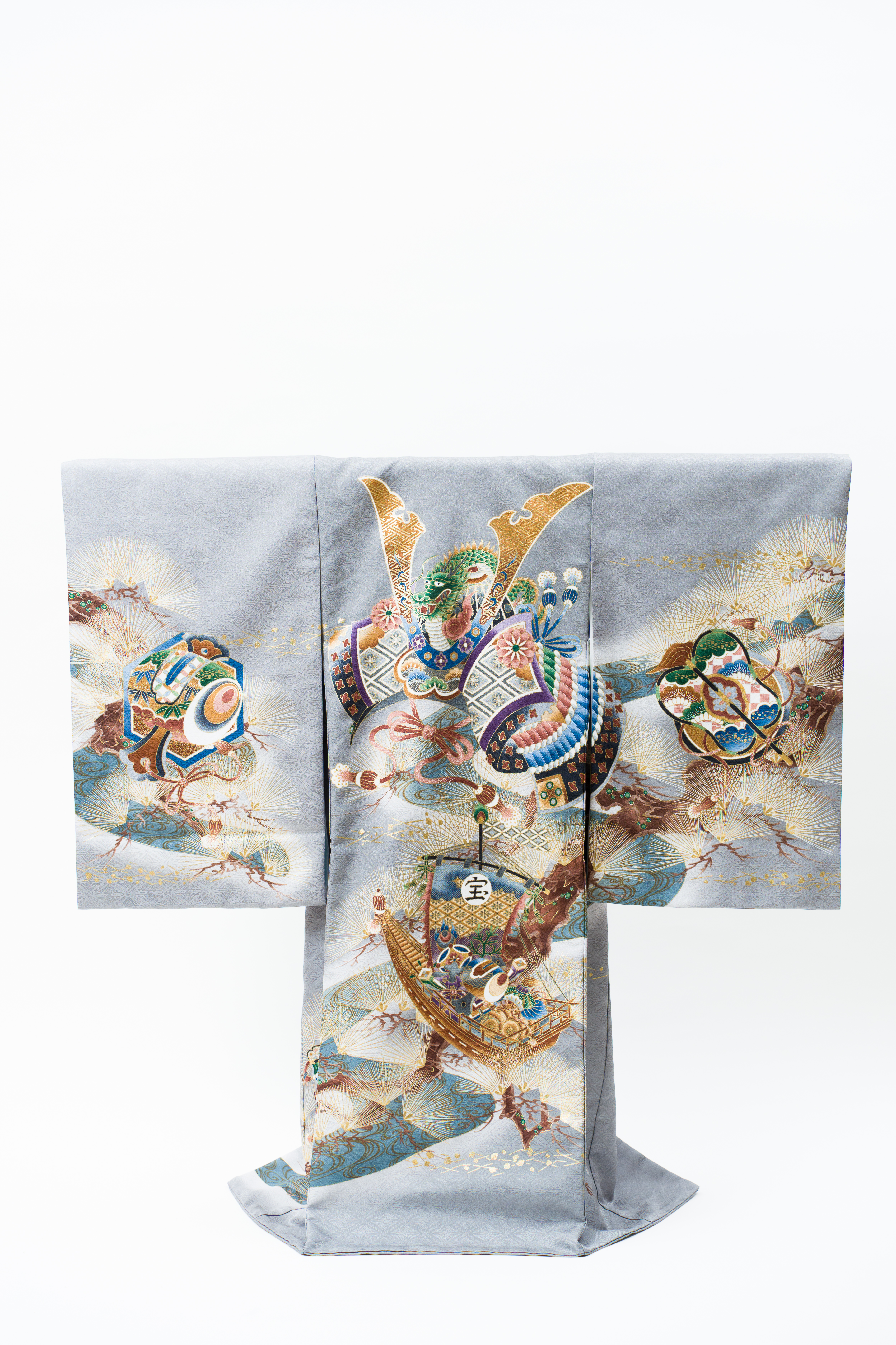 産着(お宮参り)｜灰青地に兜と宝船 松の吉祥文様