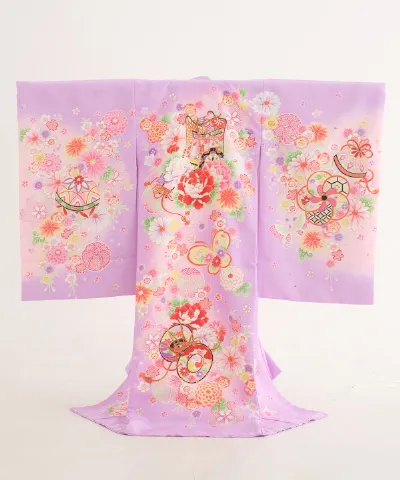 産着(お宮参り)｜藤色地に御所車と花蝶吉祥文様