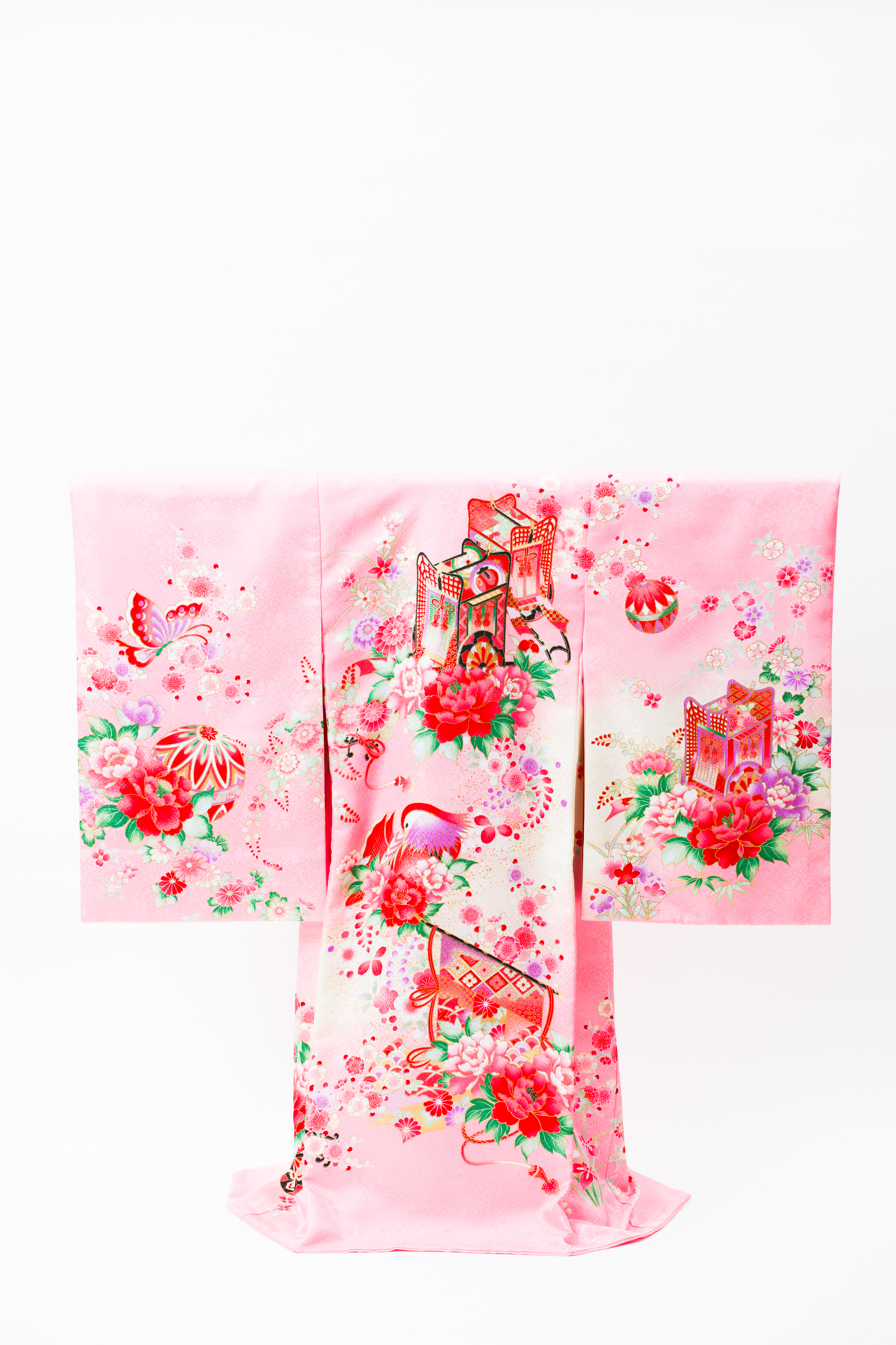 産着(お宮参り)｜ピンク地に御所車と鶴 牡丹の吉祥文様