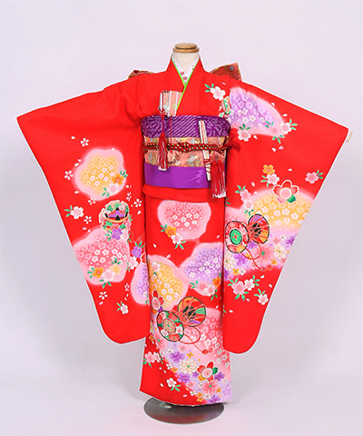 七五三(七歳) |赤地に桜地紋と鼓