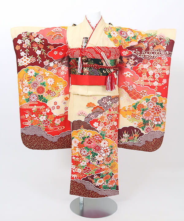 七五三(七歳) | 正絹 クリーム色 雲取と花車 吉祥文様