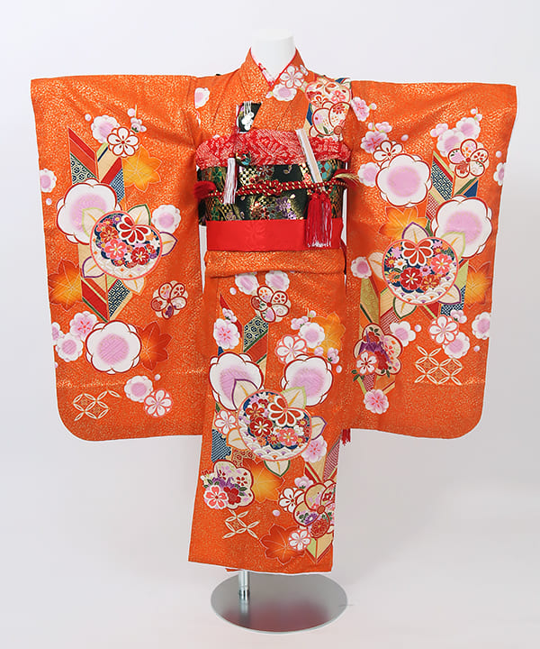 七五三(七歳) | 正絹 橙色 矢絣と七宝