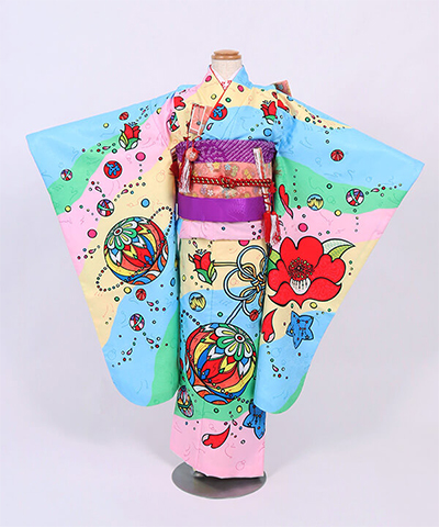 七五三(七歳) |ポップなマルチカラーに鞠と花