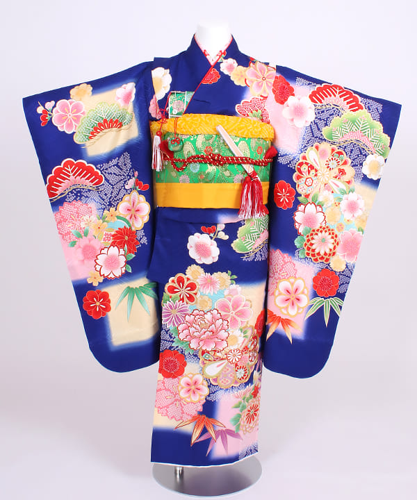 七五三(七歳) | 正絹 ロイヤルブルー 松竹梅と八重桜