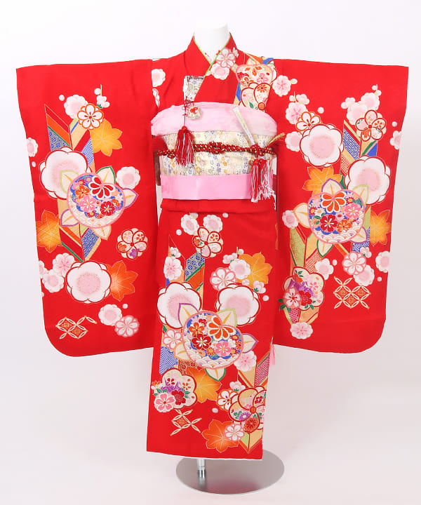 七五三(七歳) | 正絹 朱色 矢絣と七宝