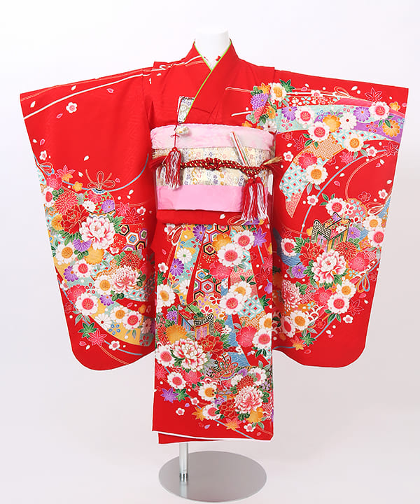 七五三(七歳) | 正絹 赤地 熨斗文様に金彩の花車