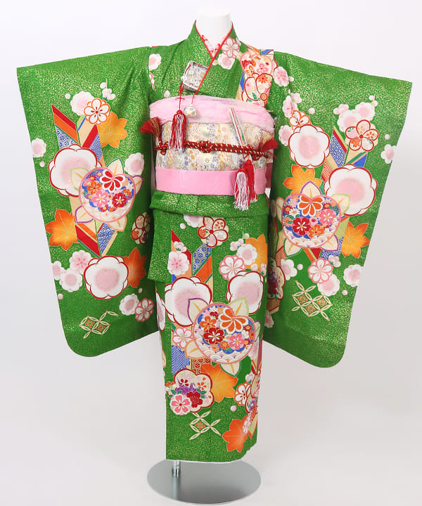 七五三(七歳) | 正絹 緑色 矢絣と七宝