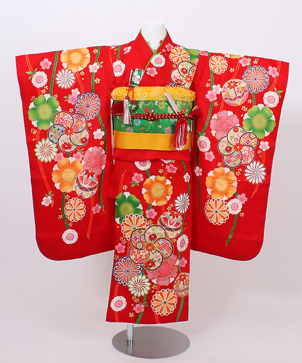 七五三(七歳) | 正絹 赤地 ねじ梅と鞠