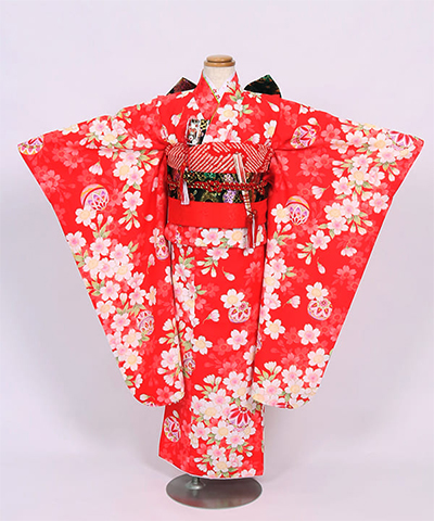 七五三(七歳) |赤地に桜と鞠