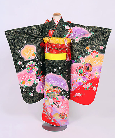 七五三(七歳) |黒地に金の霜降りと花霞