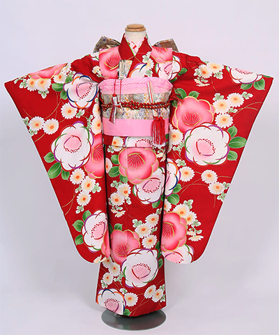 七五三(七歳) |紅赤地に桃の花と雛菊