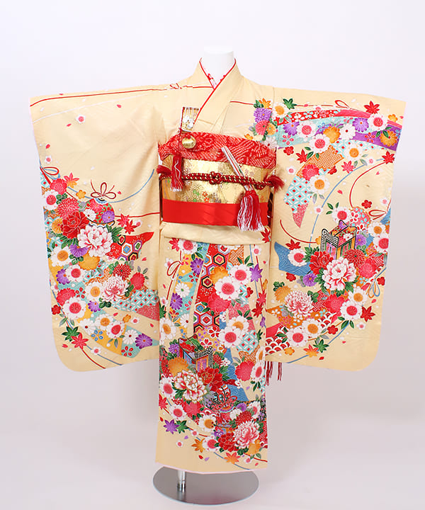 七五三(七歳) | 正絹 クリーム色 熨斗文様に金彩の花車