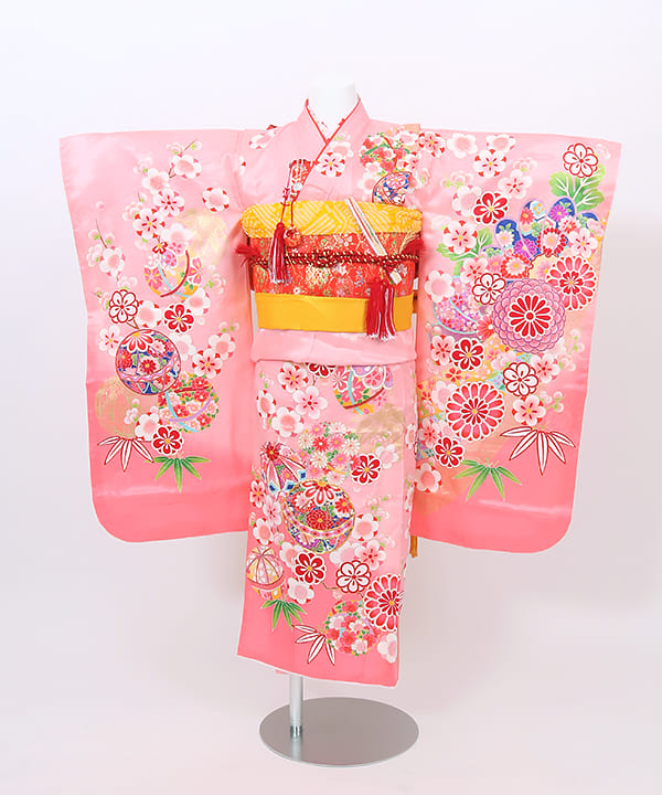 七五三(七歳) | 正絹 ピンクに金彩 鞠と梅