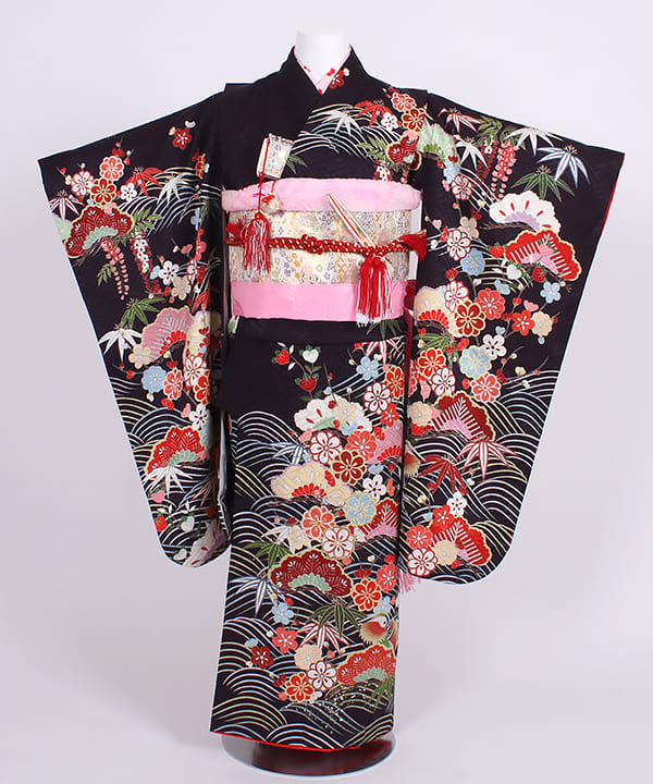 七五三(七歳) | 正絹 四つ身本身 濃紫 藤と橘 松竹梅