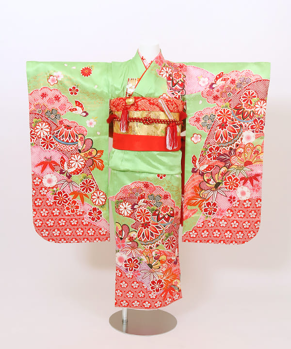 七五三(七歳) | 正絹 萌黄色 鹿の子模様に鞠と蝶