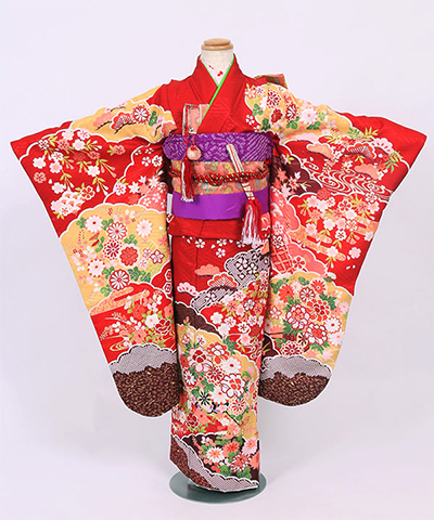 七五三(七歳) |赤地に雲取りと祝い松