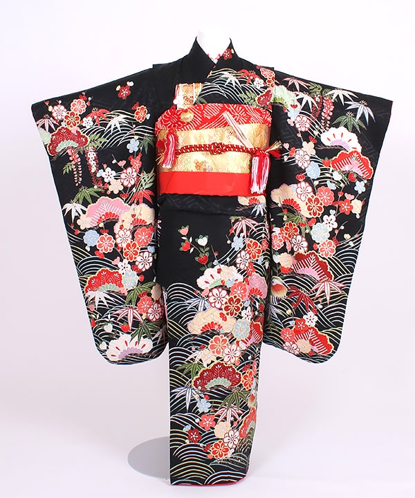 七五三(七歳) | 正絹 四つ身本身 黒地 藤と橘 松竹梅