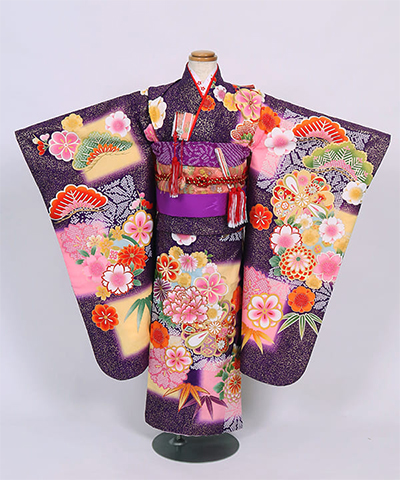 七五三(七歳) |濃い紫に金の霜降りと松竹梅